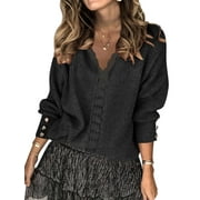STARVNC Women Solid Color V Neck Lace Stitching Buttons Long Sleeves Sweater